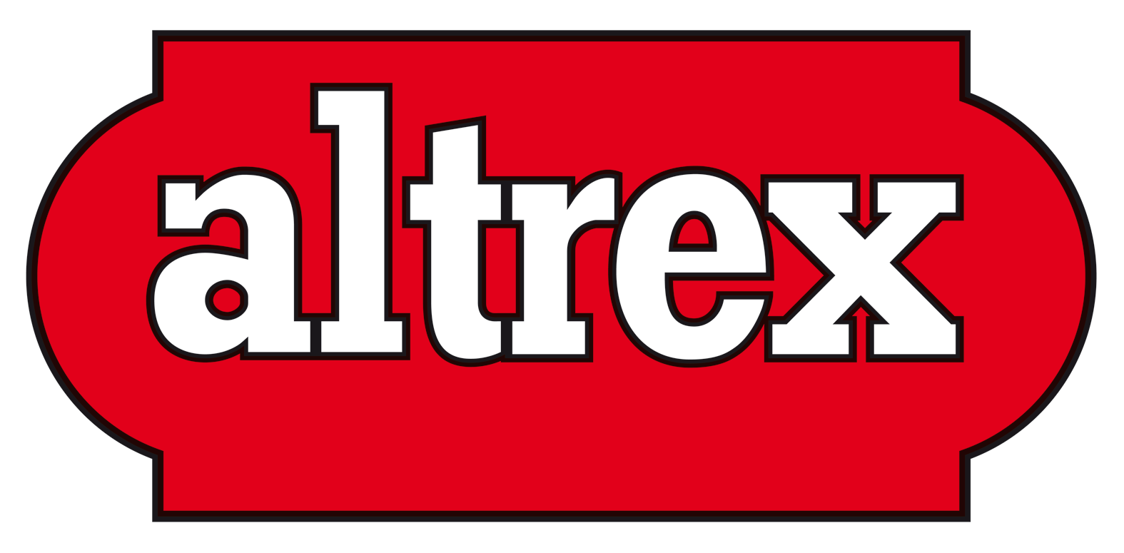 De afbeelding toont het logo van Altrex, met het woord "altrex" in vette, witte kleine letters op een rode achtergrond met zwarte omtrek.
