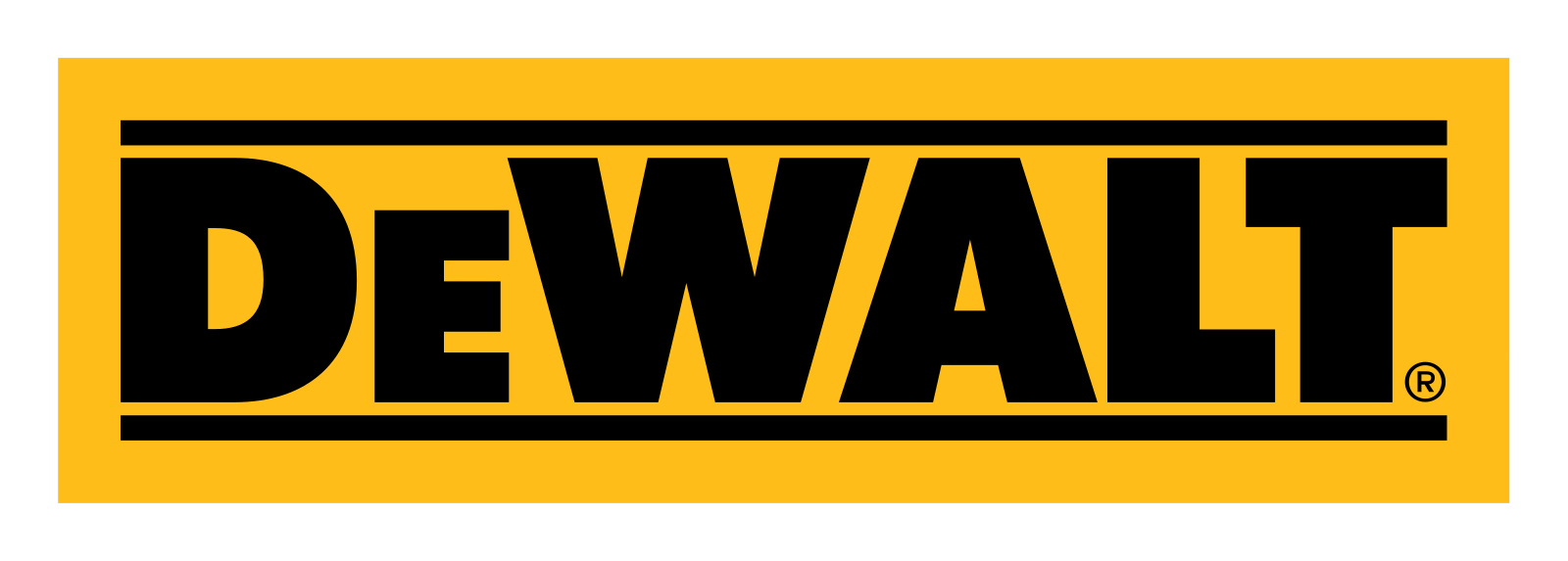 DeWalt-logo met opvallende, zwarte tekst op een gele achtergrond, omlijnd door een zwarte rand.