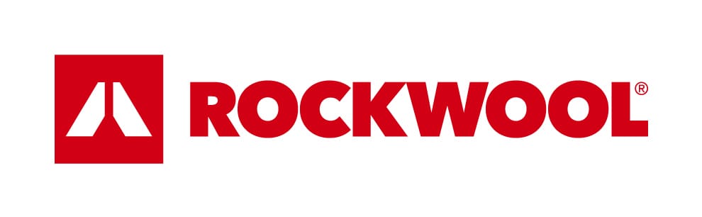 Rood ROCKWOOL-logo met een wit abstract symbool in een rood vierkant links van de bedrijfsnaam in vette hoofdletters.