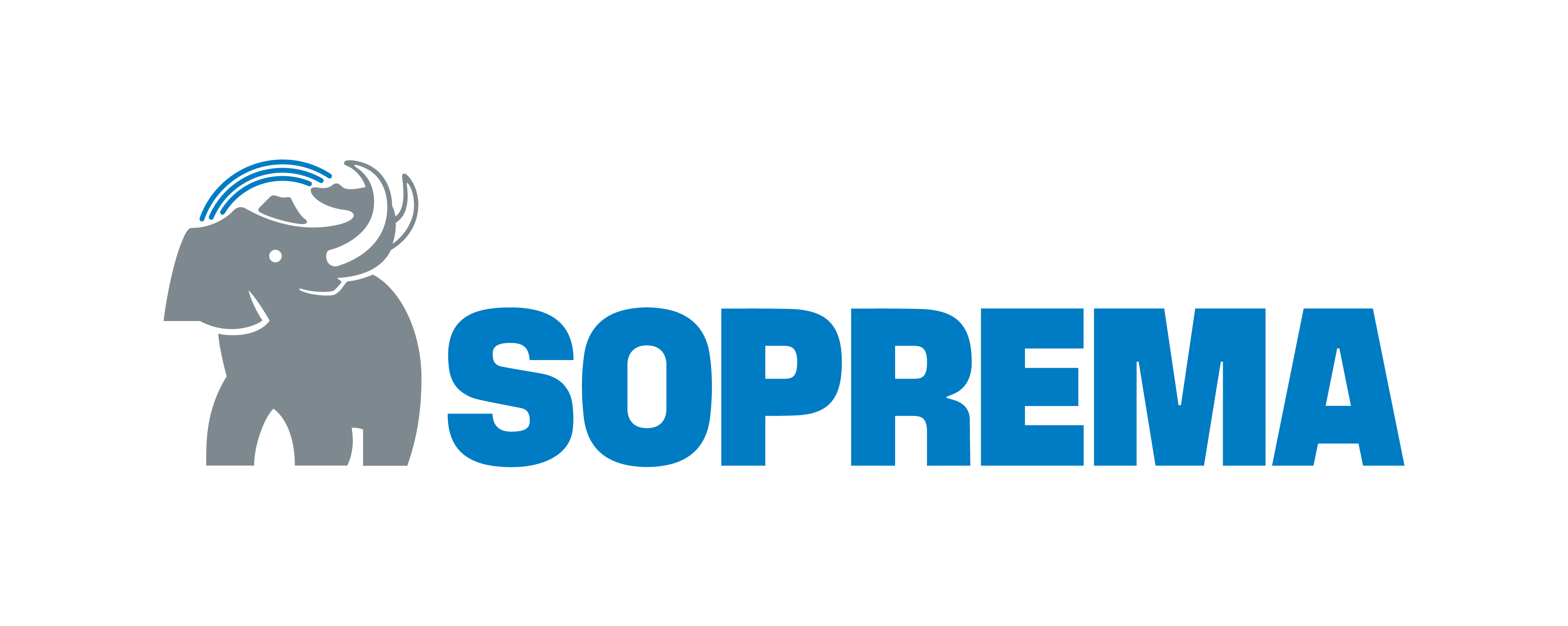 SOPREMA-logo met een grijze mammoetillustratie aan de linkerkant en de opvallende blauwe tekst "SOPREMA" aan de rechterkant.