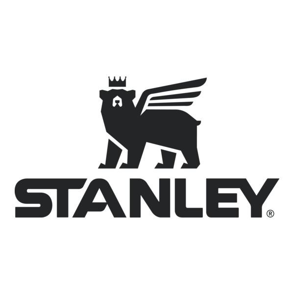 Zwart silhouetlogo van een gekroonde beer met vleugels boven het woord "STANLEY" in vette hoofdletters op een witte achtergrond.