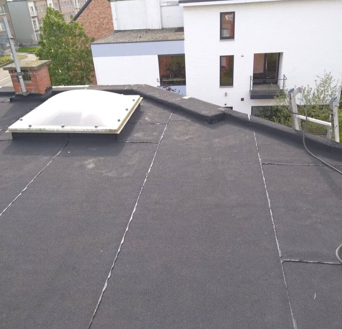 Plat zwart dak met een groot dakraam, met uitzicht op een modern wit gebouw met ramen en een kleine boom zichtbaar aan de zijkant.