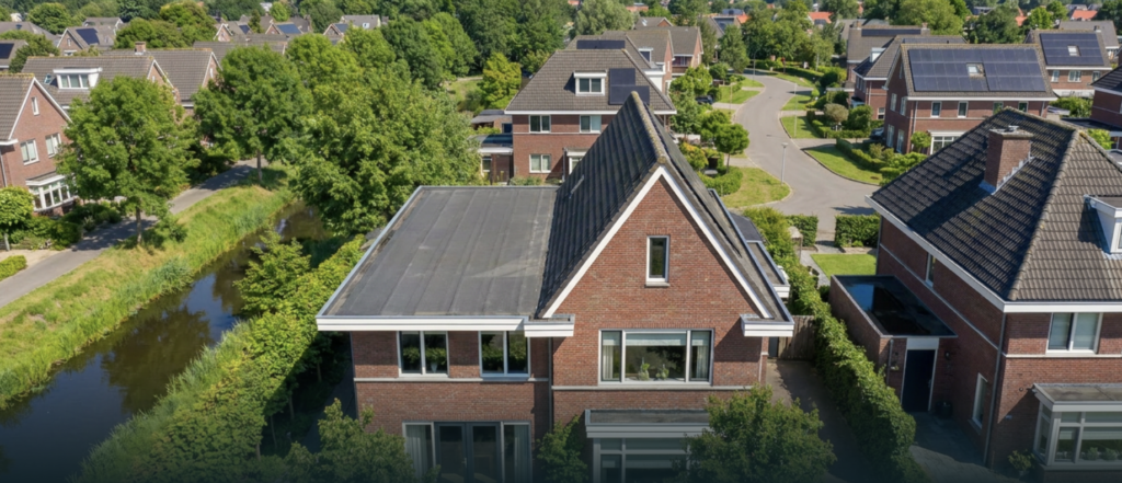 Luchtfoto van een woonwijk met platte daken in de Achterhoek