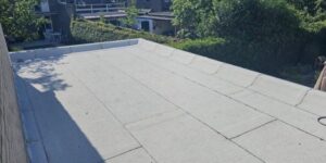 Dakinspectie voor plat dak met betonnen oppervlak, begrensd door een bakstenen muur aan de linkerkant. Bomen en gebouwen zijn zichtbaar op de achtergrond onder een heldere hemel.