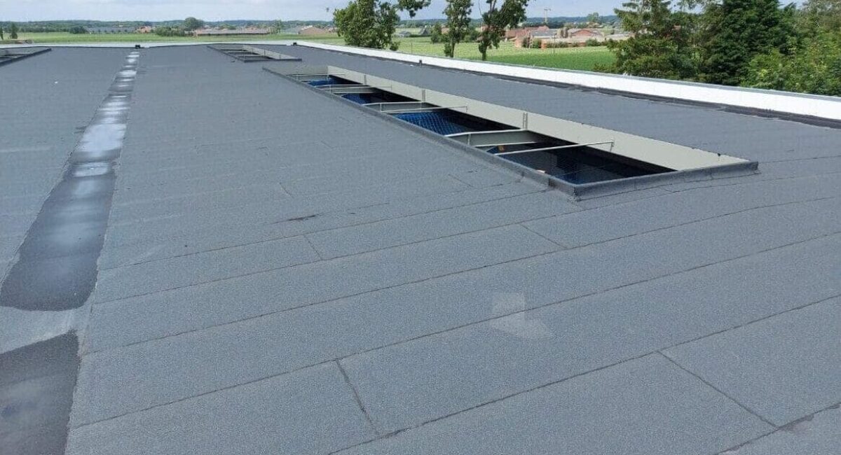Plat grijs dak met rechthoekige dakramen, perfect voor daklekkage opsporen. Bomen en velden zijn zichtbaar op de achtergrond onder een bewolkte lucht. Plat grijs dak met rechthoekige dakramen, perfect voor daklekkage opsporen. Bomen en velden zijn zichtbaar op de achtergrond onder een bewolkte lucht.